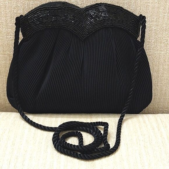 LaRegale Black Beaded Mini Pleat Evening Crossbody Shoulder Bag - Picture 11 of 11
